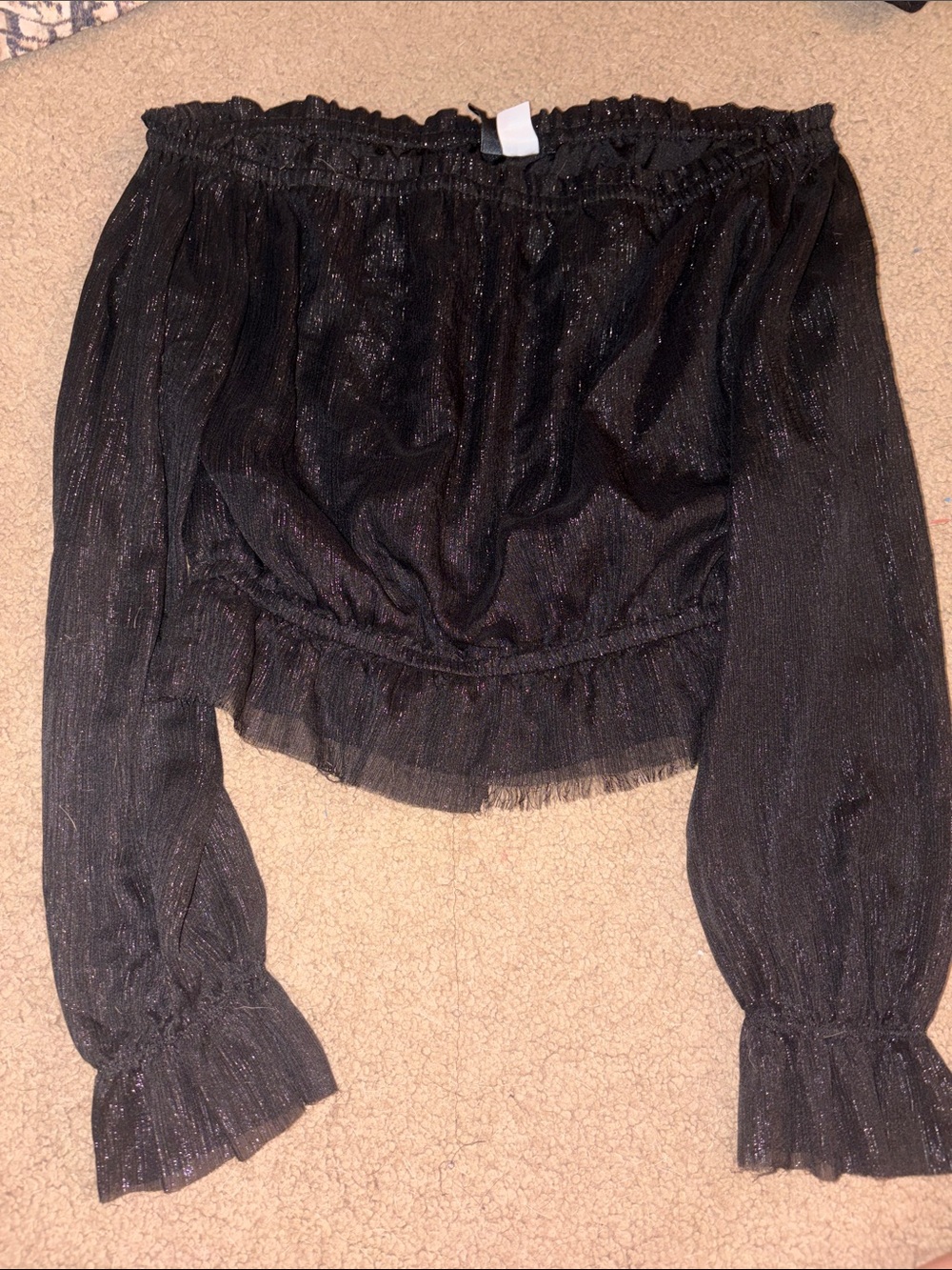 Black Shimmery Off-Shoulder Long Sleeve Top
